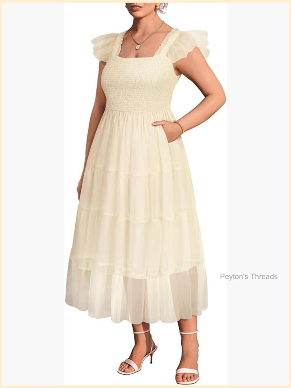 Plus Size Tulle Smocked Midi Dress Sleeveless Ruffle Mesh Wedding Casual Swing